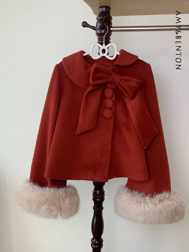 

New Year Christmas Red Wool Coat Lolita Style Sweet Cute Bow Doll Collar Loose Short Plush Patchwork Long Sleeve Woolen Coats