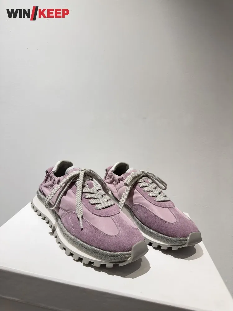 Lady Spring Fashion Cow Suede Leather Breathable Comfortable Sports Running Trainers Lace Up Patchwork Sneakers Skateboard Shoes