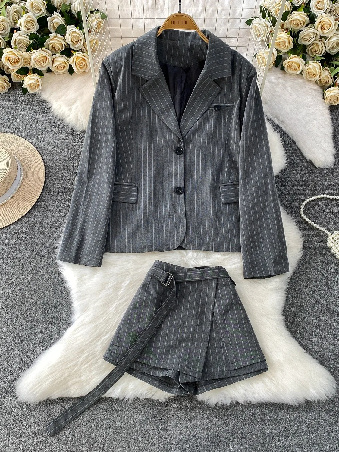 Briti Sle Faionable Listrado Terno Jaet e Saia Or de Cintura Alta Conjunto de Duas Peças para Meninas da Moda Casual Roupas de Inverno