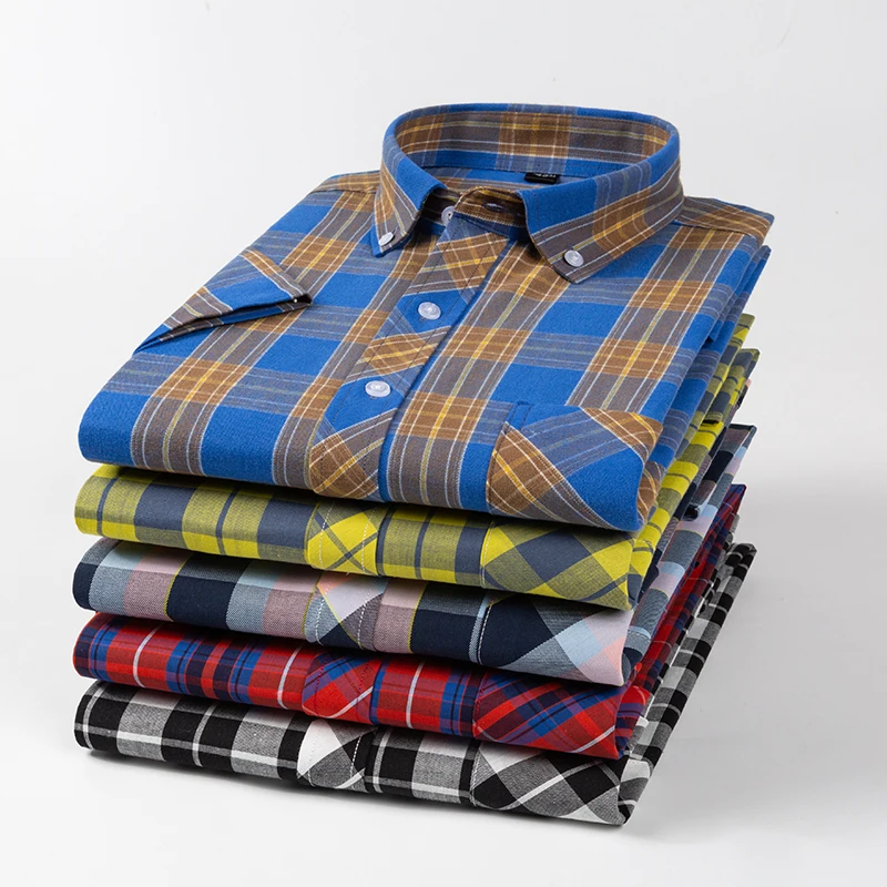 Fashion korean popular clothes 100%cotton short sleeve shirts for men slim fit casual plain shirt thin plaid hawaiian soft tops