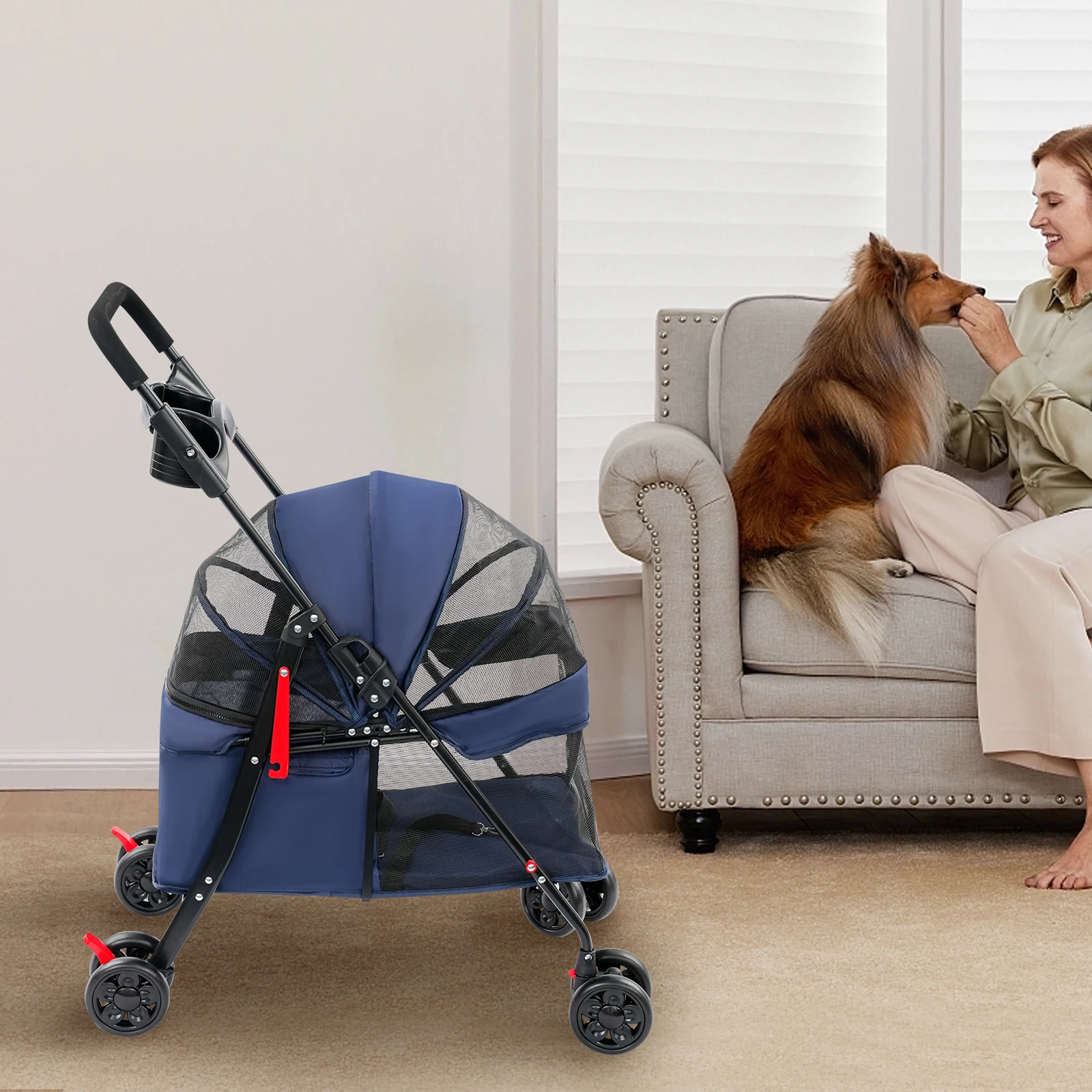 

Коляска для домашних животных среднего размера (до 20 фунтов), складная коляска для мелких животных с корзиной для хранения и держателем для стакана - темно-синяя