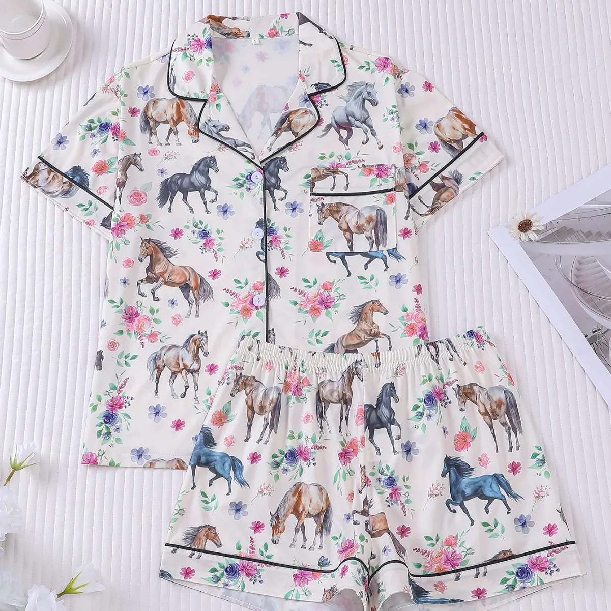 

2026 Summer Horse Print Women's Pajamas Set Lapel Short-sleeved Casual Loungewear