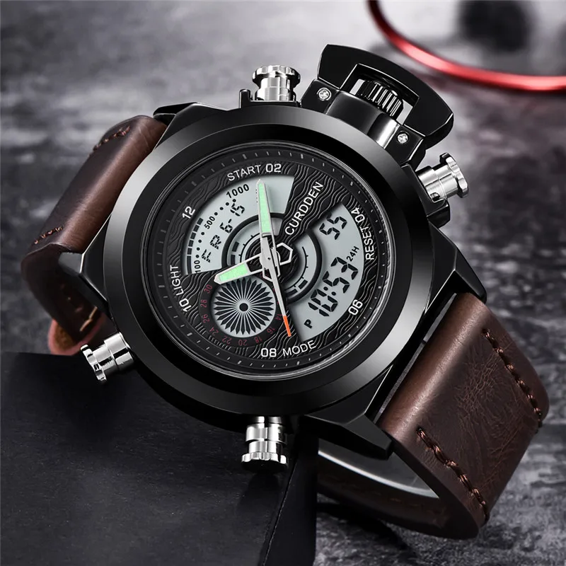 Men Original CURDDEN Brand Dual Time Watches Fashion Leather Band Chronograph Military Multi-function Sports Watch Reloj Hombre