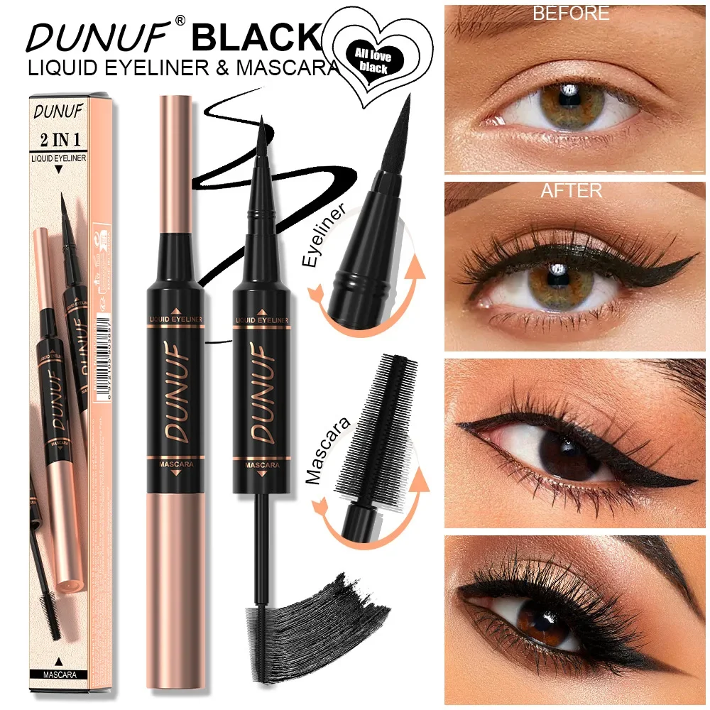 DUNUF Mascara e eyeliner 2 in 1 a lunga durata, impermeabile, resistente al sudore, a prova di sbavature, riccioli e volume lunghi