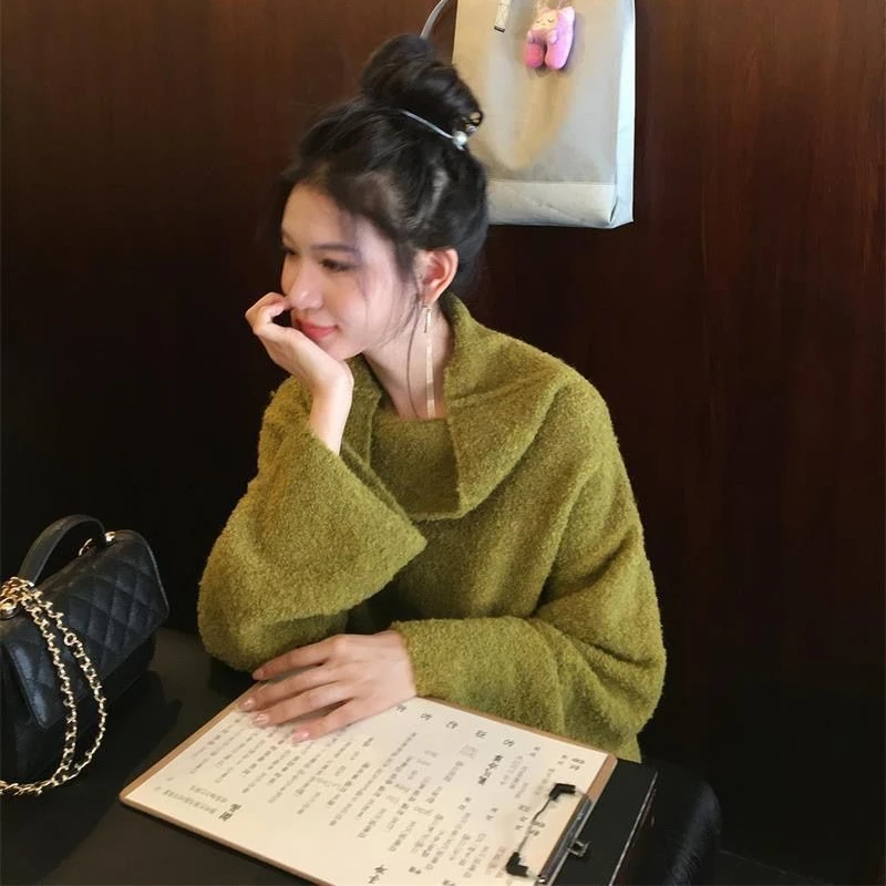 Women's 2026 Autumn Winter Green Off Shoulder Long Sleeve Loop Knit Sweater Slouchy Soft Warm Elegant Chic Coquette Trendy Top - view 5