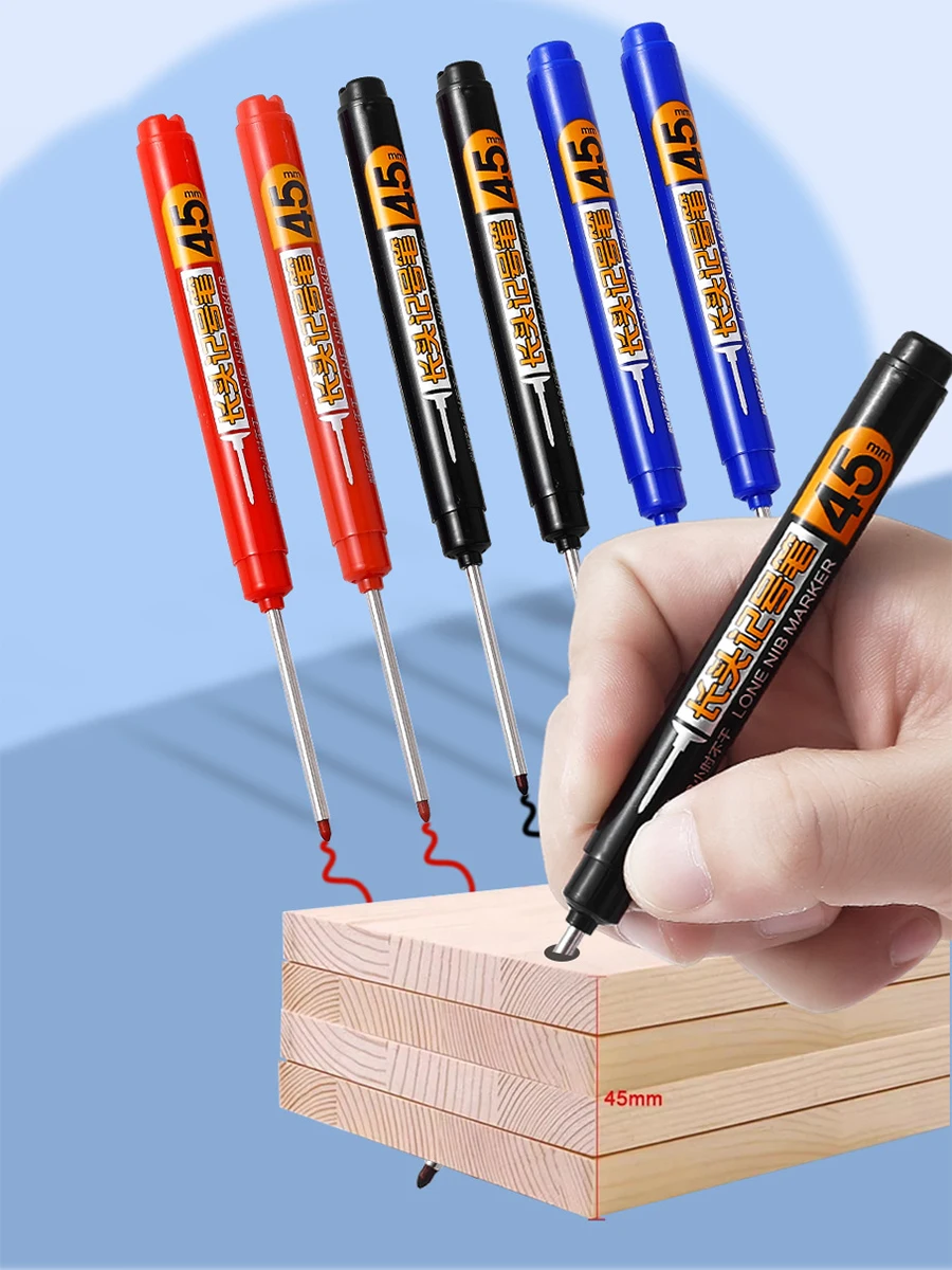 

45mm Long-Tip Marker - Deep Hole Positioning Pen for Tiles/Woodworking, 0.7-1mm Fine Line & Water-Based Ink (Multi-Surface