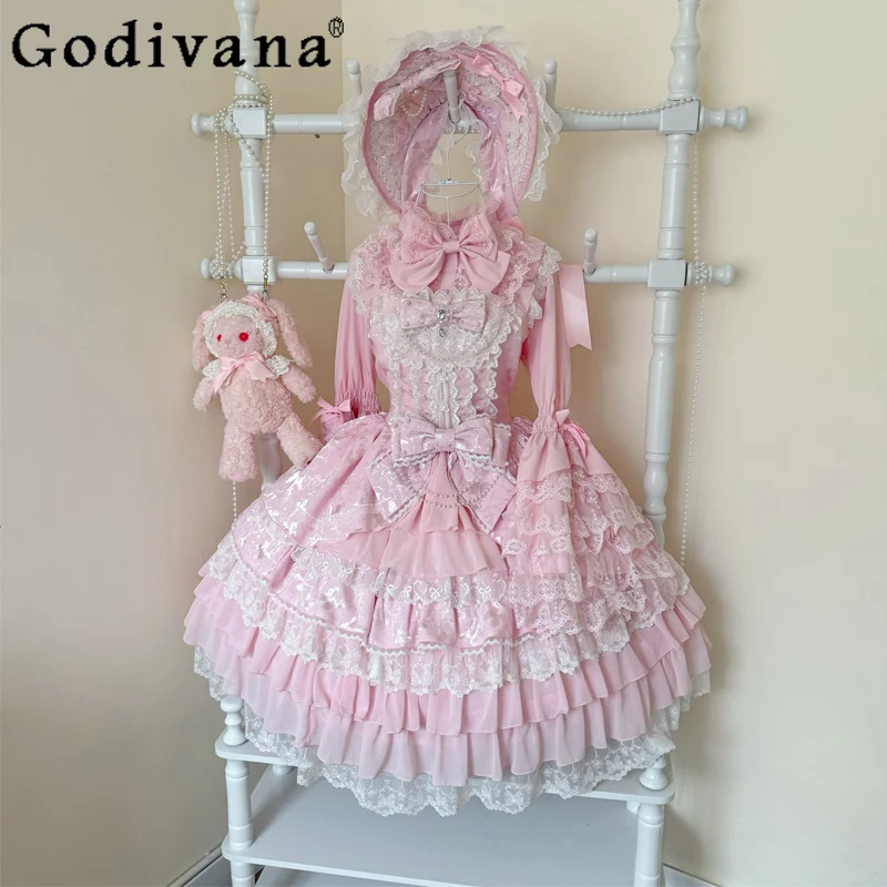 

Sweet Girls Pink Lolita Dress Set Gorgeous Flower Marriage Princess Lace Bow Jsk Suspender Dress Flare Sleeve Shirt Women Outfit