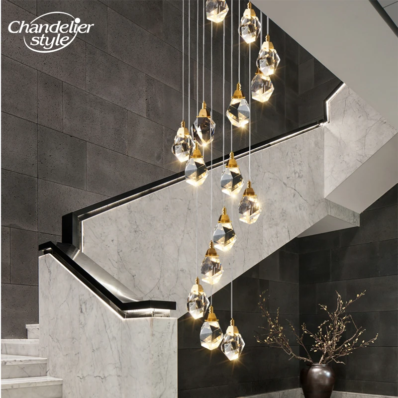 Luxury Crystal Chandeliers Modern LED Diamond Prism Brass Chrome Black Pendant Lights Living Room Bedroom Staircase Lamps Lustre