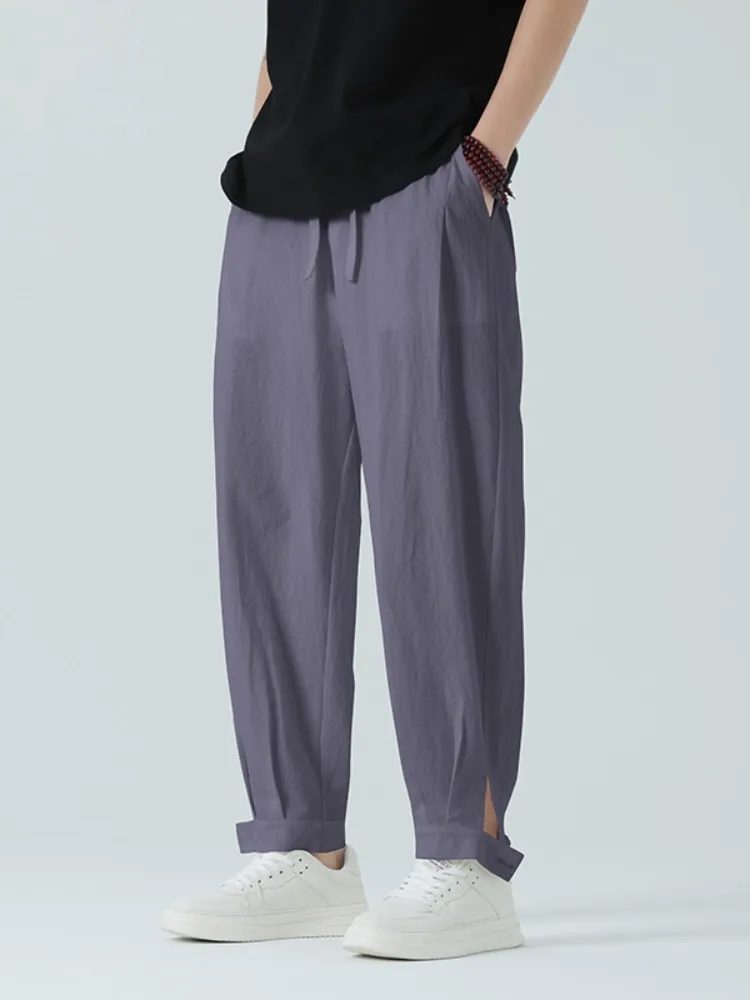 

New Chinese Sle Loose Fit Linen Men's Summer Pants Nine-Tenths Cotton Linen Cuffed Trendy Trousers Breathable Casual Wear