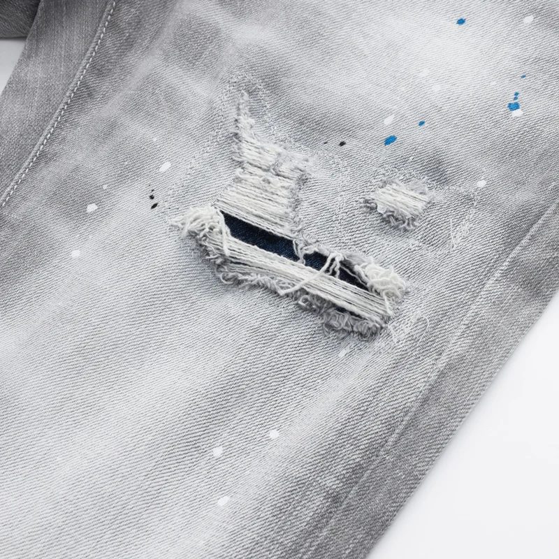 Fashionable Y2Kmen's jeans with pleated paint, dotted holes, washed nostalgic stretch, slim fit, light gray jeans, high street