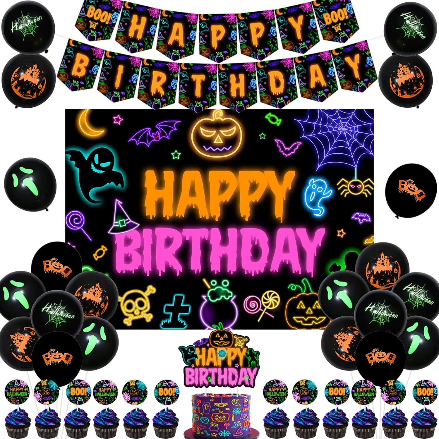 

Joymemo Halloween , Neon Happy Birthday Backdrop Banner Cake Cupcake Toppers Balloons Printed Spider Bat Ghost Party Decoration