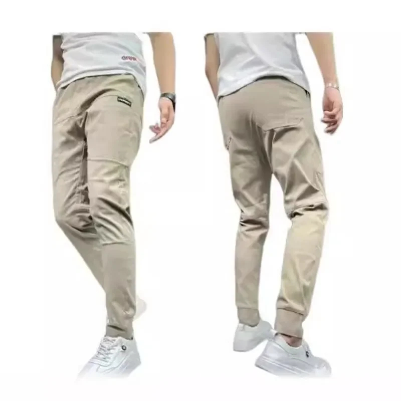 Spring Men\'s Casual Pants Casual Feet Pants Ice Silk Splice Six Pocket Embroidery Elevated