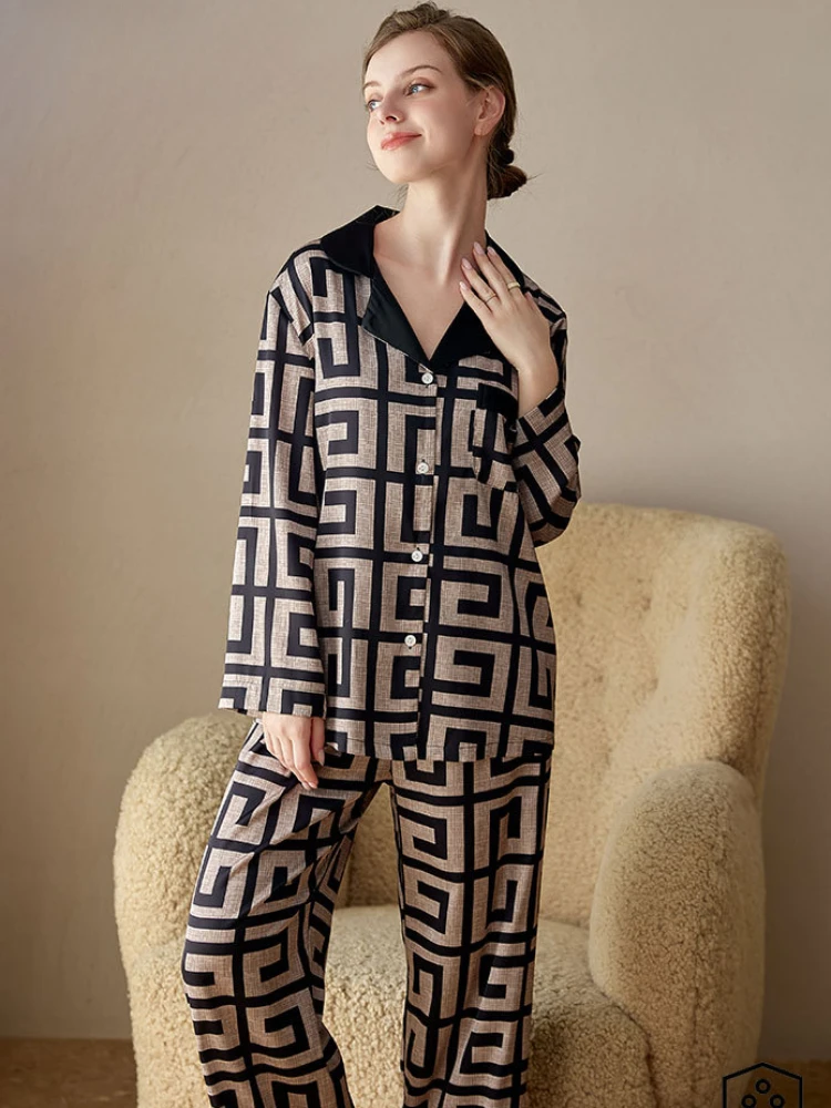 2024 Contrast Color Maze Thin Ice Silk Pajamas Suit Women Spring Summer Long Sleeve Top+Pants High Quality Outwear Home Clothes