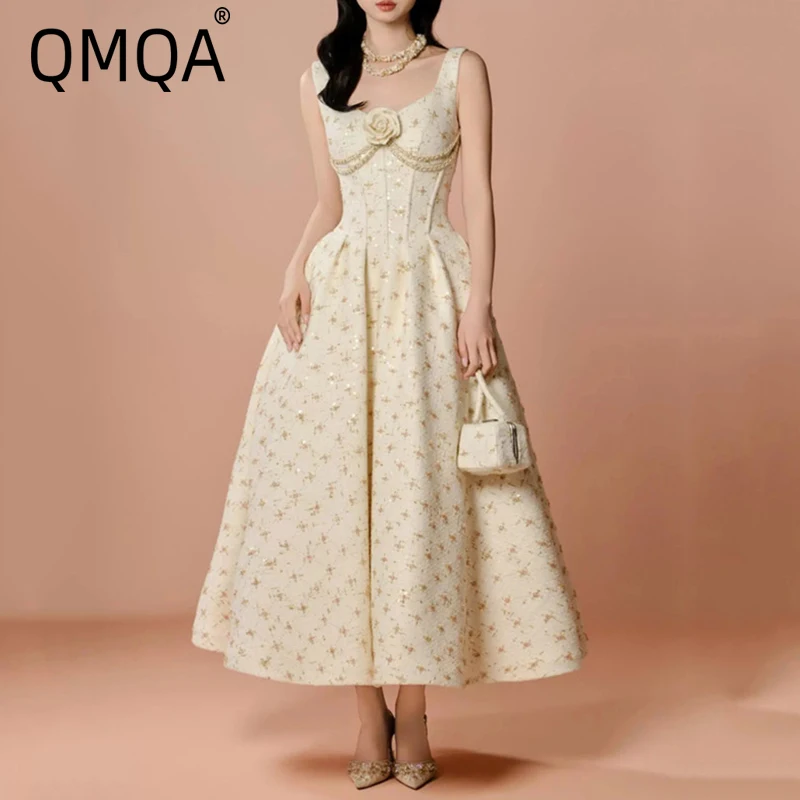 QMQA Fashion Women's Spliced Sequins Diamonds Camisole Dresses Square Neck Sleeveless High Waist Elegant Dress Female New QM88