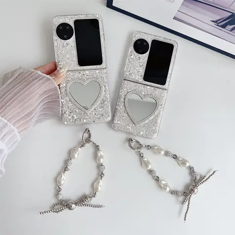 Ins Korean Luxury Glitter love Heart Mirror Pearl Bow Chain Case for OPPO Find N2FLIP findn2 flip Find N3 Flip Find N3Flip Cover