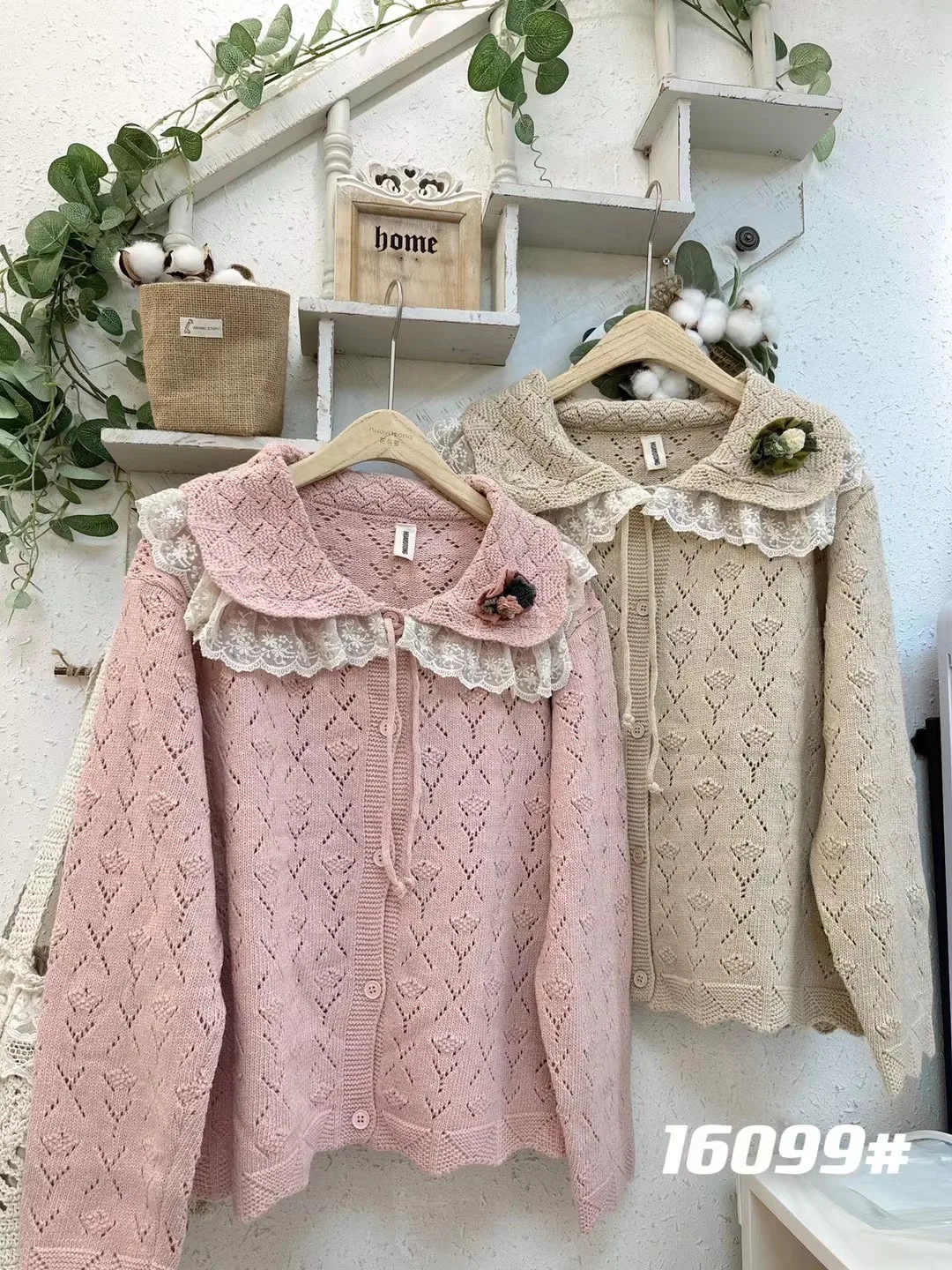 

Risen System Autumn New Double Layer Doll Lace Large Collar Knitted Hollow out Sweater Jaet Girl Anti Aging Top Women