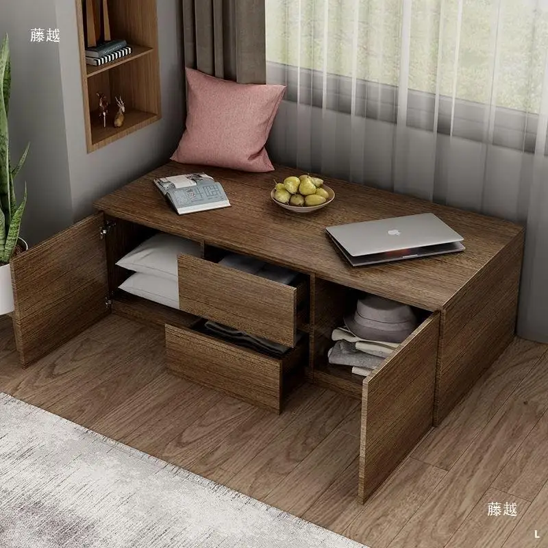 Solid wood balcony locker bay window cabinet can sit long cabinet bedroom tatami window sill floor low storage