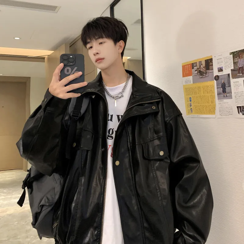 

Thiened Cotton Workwear Jaet Men's Loose Fit Faionable Retro Korean Sle Spring Autumn Winter PU Leather Jaet