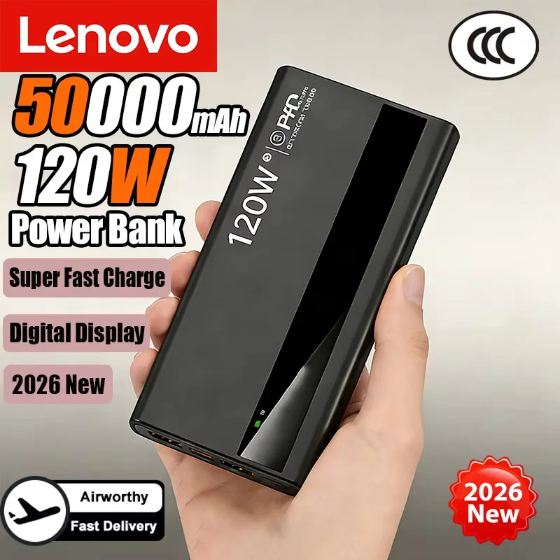 Batería Externa Lenovo de 50000mAh con Carga Súper Rápida de 120W, Cargador Portátil de Alta Capacidad para iPhone y Samsung