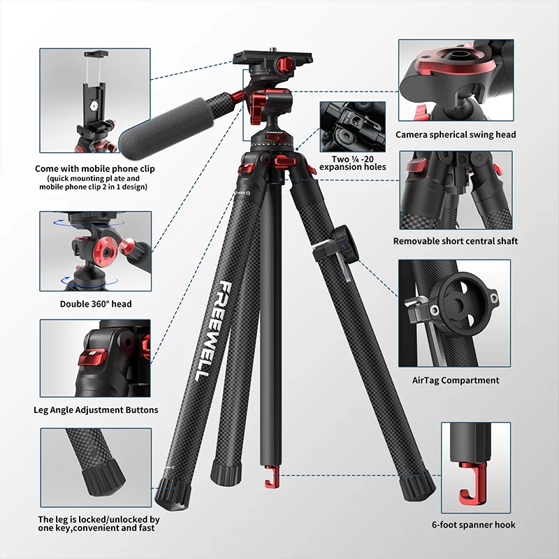 Портативный штатив Freewell для путешествий 1,5 м, Многофункциональная подставка из углеродного волокна с шариком на 360 °, максимальная нагрузка 5