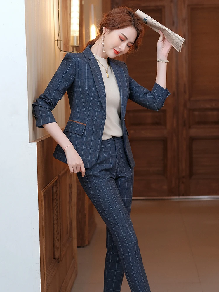 Women Pink Khaki Blue Plaid 2 Piece Set Pant Suit Formal Office Ladies Business Work Wear Blazer Jacket and Trouser