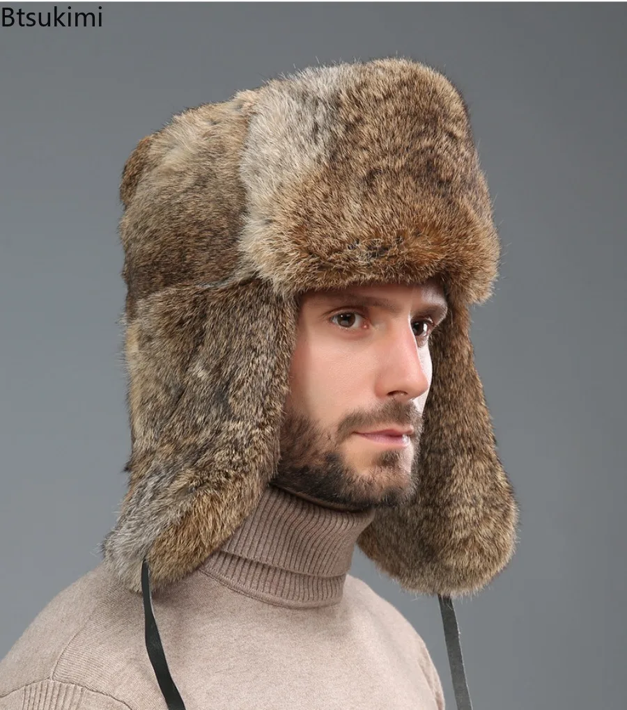 

Men's Caps Warm Natural Rabbit Fur Bomber Hat with Earflaps Winter Hot Sale Unisex Warm Russian Ushanka Hat Real Rabbit Fur Hats