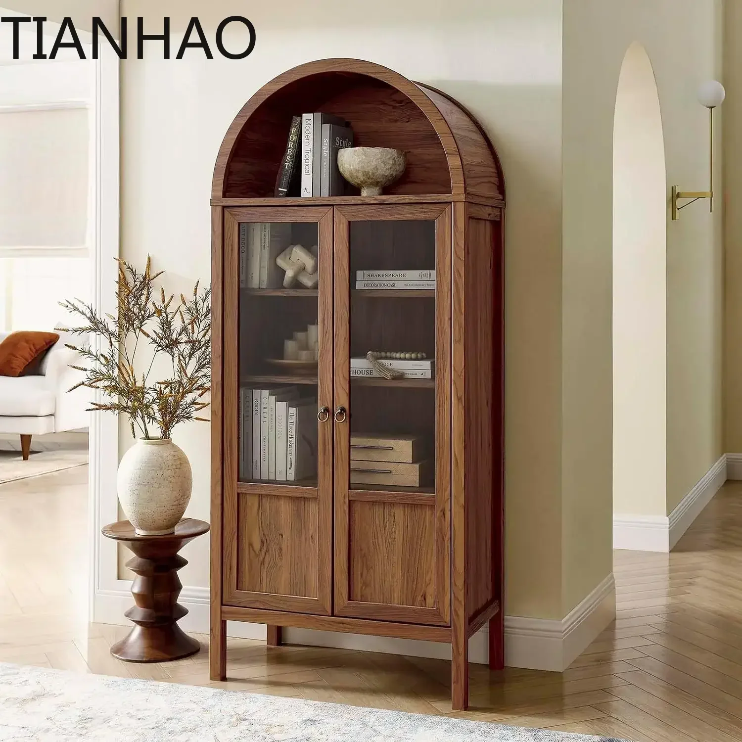 Century Farmhouse Walnut High Arched Sideboard 4 Tier Adjustable Shelf Storage Display Cabinet With Glass Doors