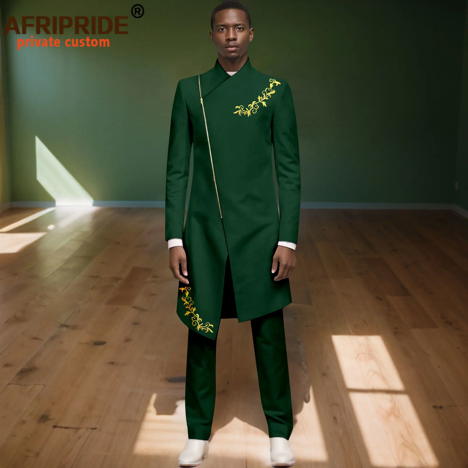 

African Suits for Men Embroidery Slim Fit Zip Jacket and Pants 2 Piece Set Dashiki Outfits Formal Attire for Wedding 2416050