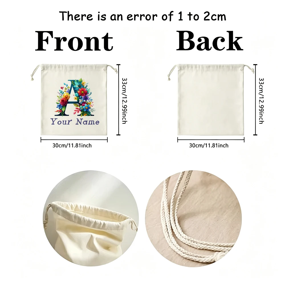 Personalized Colorful Floral Letter Drawstring Bags Custom Logos Monogram Watercolor Flower Storage Gift Pouches for Women Girls