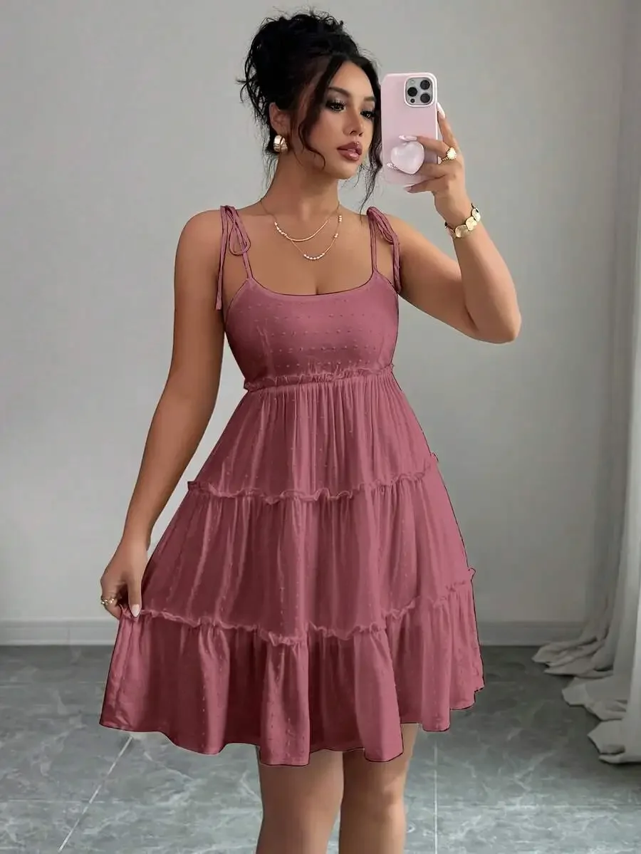 

Swiss Dot Frill Trim Cami Dress For Women Vacation Beach Outfit