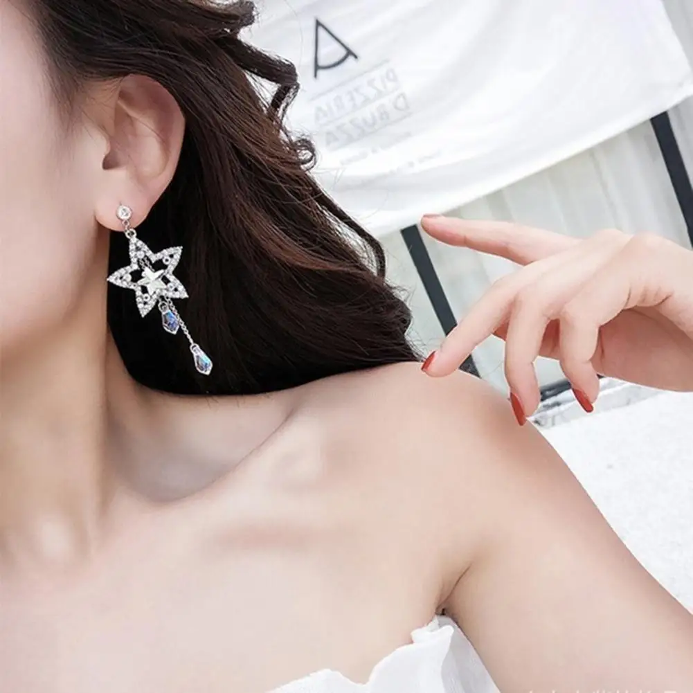 Elegant Earrings for Women Cubic Zirconia Inlaid Star Chain Tassel Dangle Stud Earrings Gift