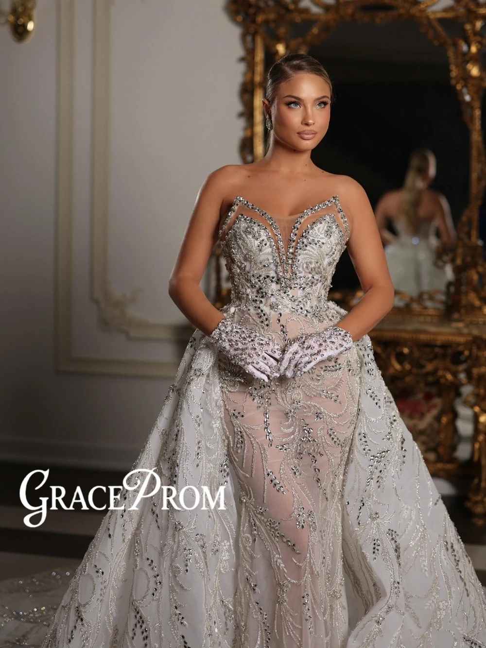 

Роскошное свадебное платье-русалка с обильной вышивкой бисером, прозрачное, со съемной накидкой, королевское, блестящее, на заказ, без перчаток