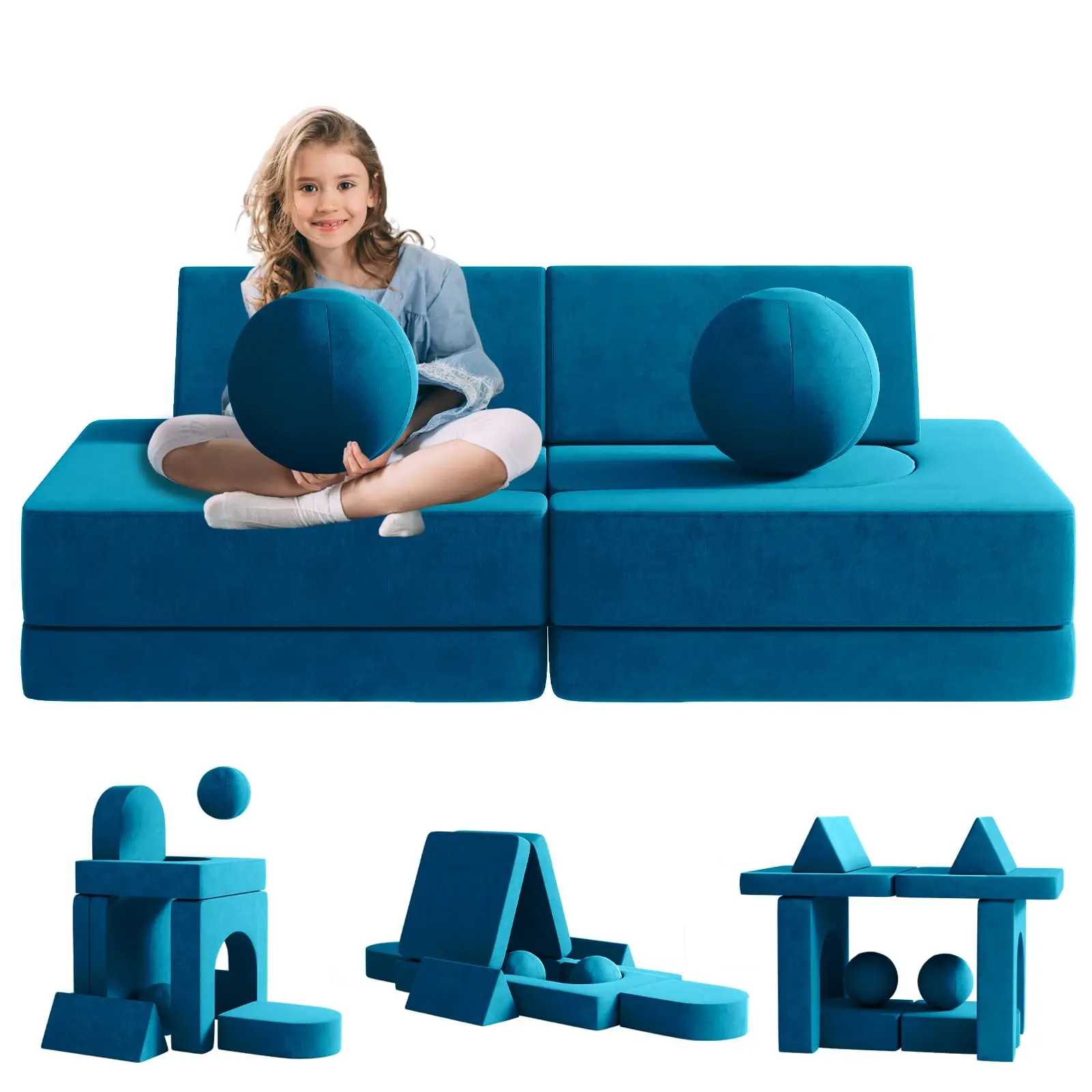 Creative Children's Foam Sofa with Spherical Modules and Tunnel Elements Foldable children's Couch 9pcs Toddler Sofa for Bedroom