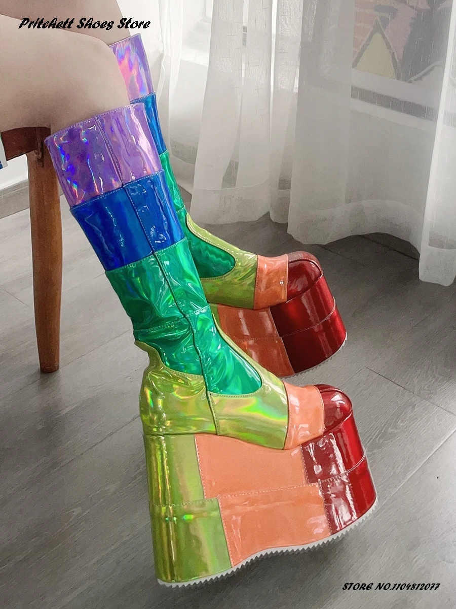Women's Rainbow Platform Knee-high Boots Round Toe Wedges Height Increasing Shoes Spring Autumn Side Zipper Trending High Boots