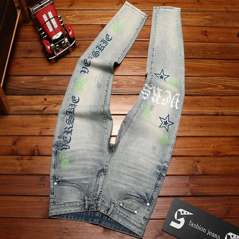 

Высококачественные летние узкие джинсы для мужчин, посадки на маленькие ноги, стираный ретро-принт, модные и модные длинные брюки.