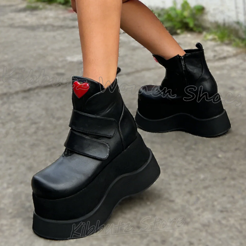 

Hook Loop Ankle Boot Platform Gothic Punk Rock Leather Solid Color Women Shoes Round Toe Wedges Fashion Luxury Novelty Concise