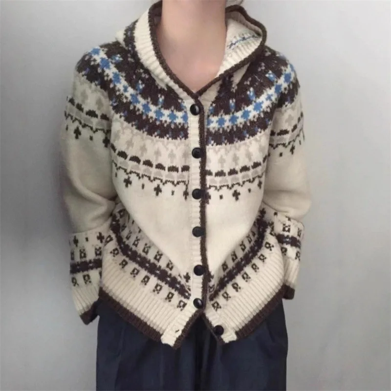 

Fashion Warm Knitting Hoodies Jacket Autumn Winter Retro Jacquard Hooded Cardigan for Women Y2K Street Knitted Sweater Cardigan