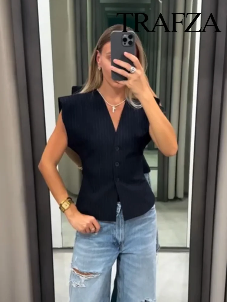 

TRAFZA Women Fashion 2-Piece Set Sleeveless V-Neck Pinstripe Single-breasted Vest+Loose Summer Zipper Pleated Pocket Belt Pants