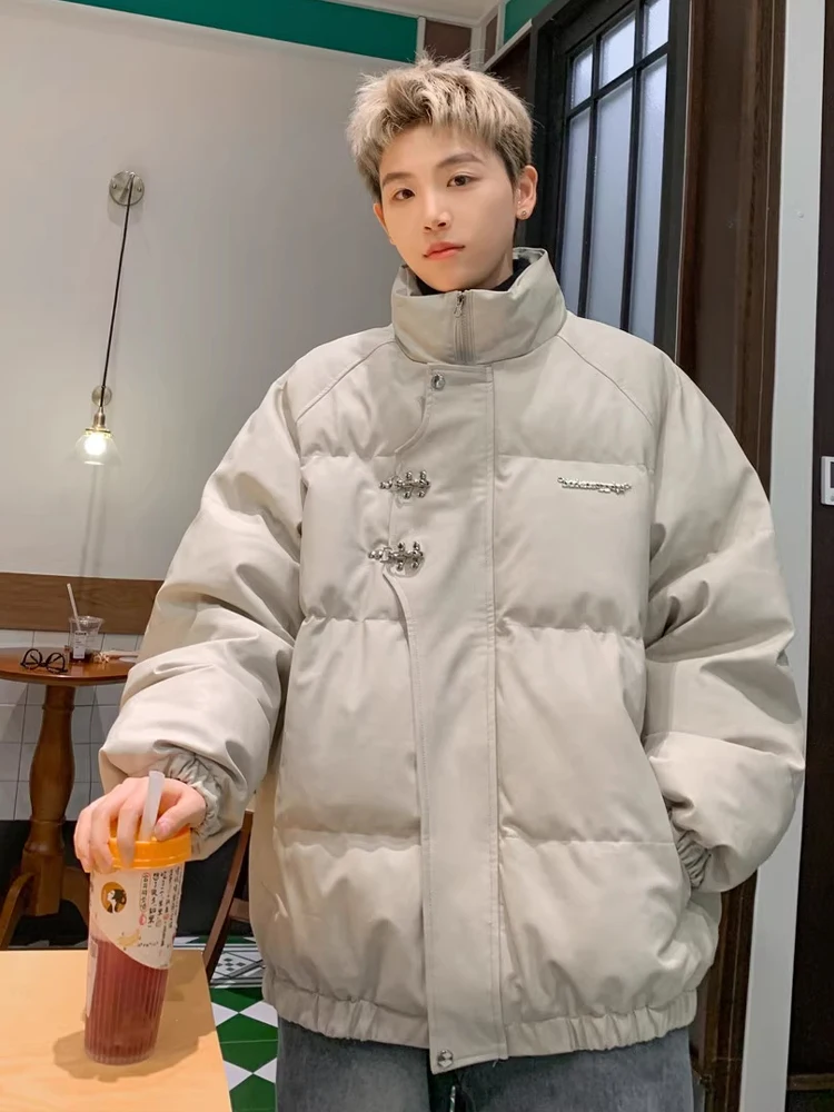 معطف رجالي من Thiened Warmth مصنوع من جلد البولي يوريثان الأمريكي القديم من القطن Jaet Winter High Street Vibe Metal Bule أسفل معطف بياقة واقفة #4