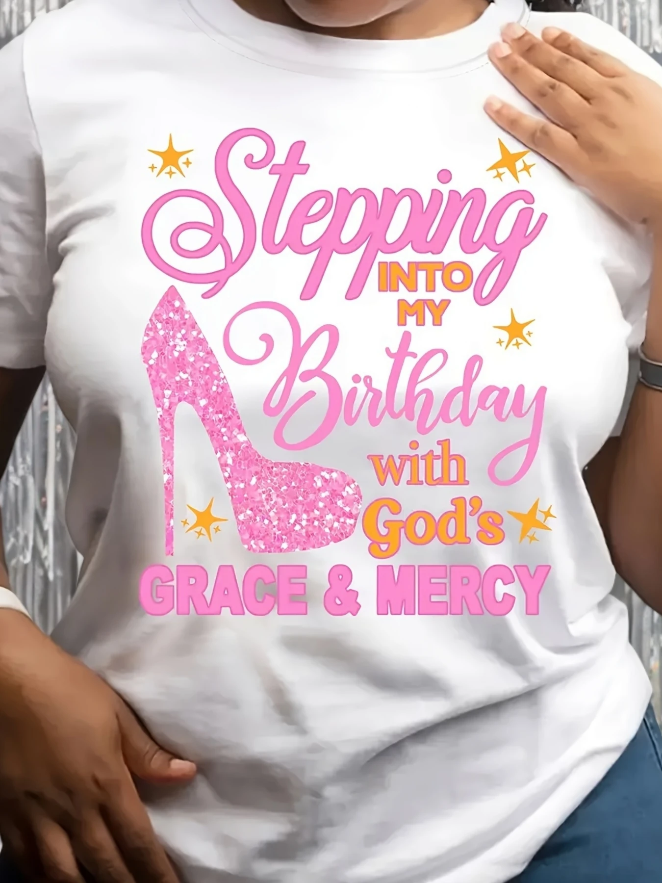 

Plus Size, Grace & Mercy Women's Birthday Graphic T-Shirt - "Stepping Into My Birthday" White Tee with Red Lips & Hearts Design