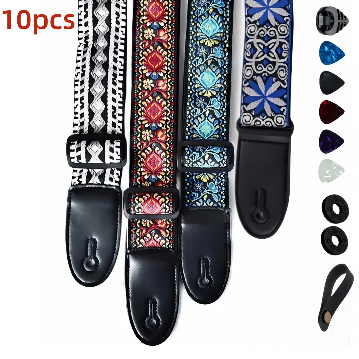 Miwayer Adjustable Embroidered Print Guitar Strap Vintage Ethnic 10Pcs Set w/ 5 Guitar Picks & 1 Hold for Musicians Travel