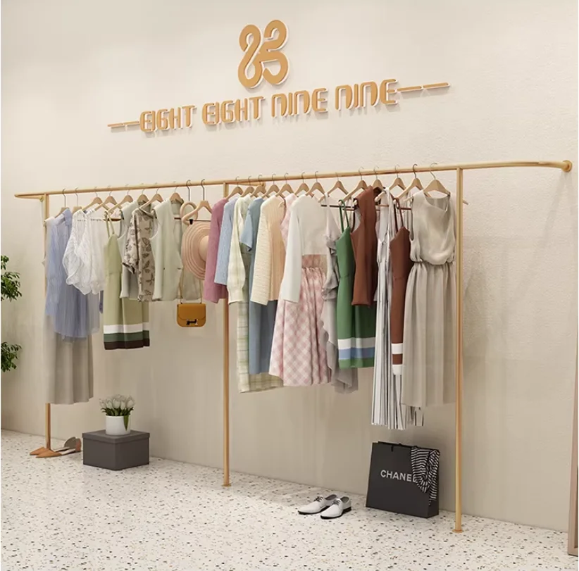 

HangerClothing Store Display Shelves For Children's And Women's Clothing, Wall Mounted Shelves With Golden Crossbars For Hanging