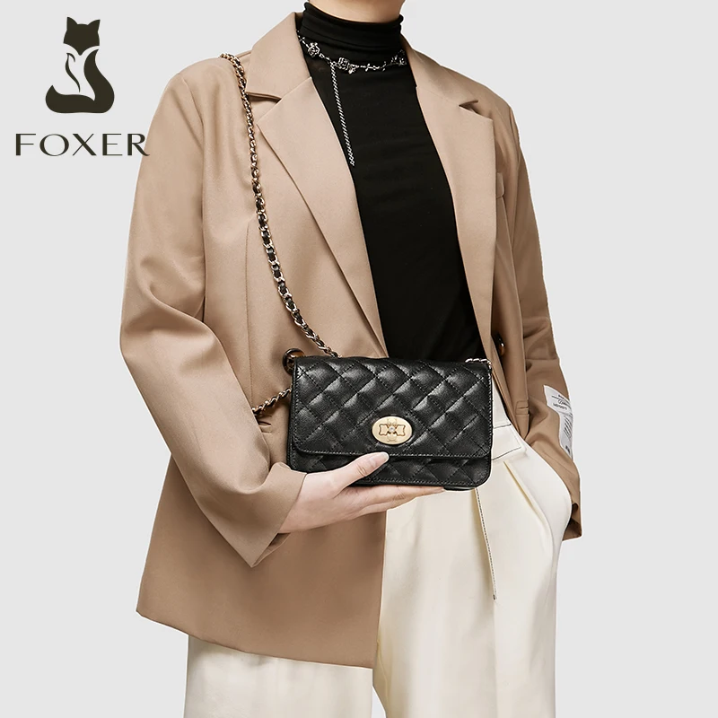 FOXER-Bolso de mensajero de celosía para mujer, bolso de hombro con cadena de diseñador, bolso cruzado clásico de cuero dividido para mujer, Bolso con solapa elegante