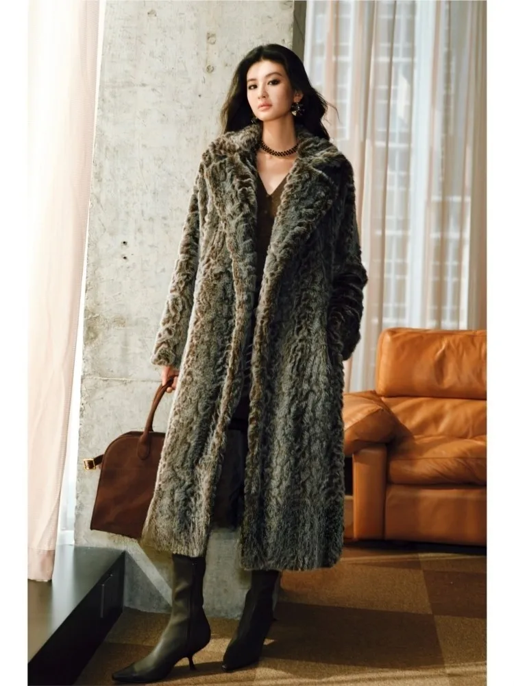 A long fur coat with small lake water ripple stylish belt and lapel