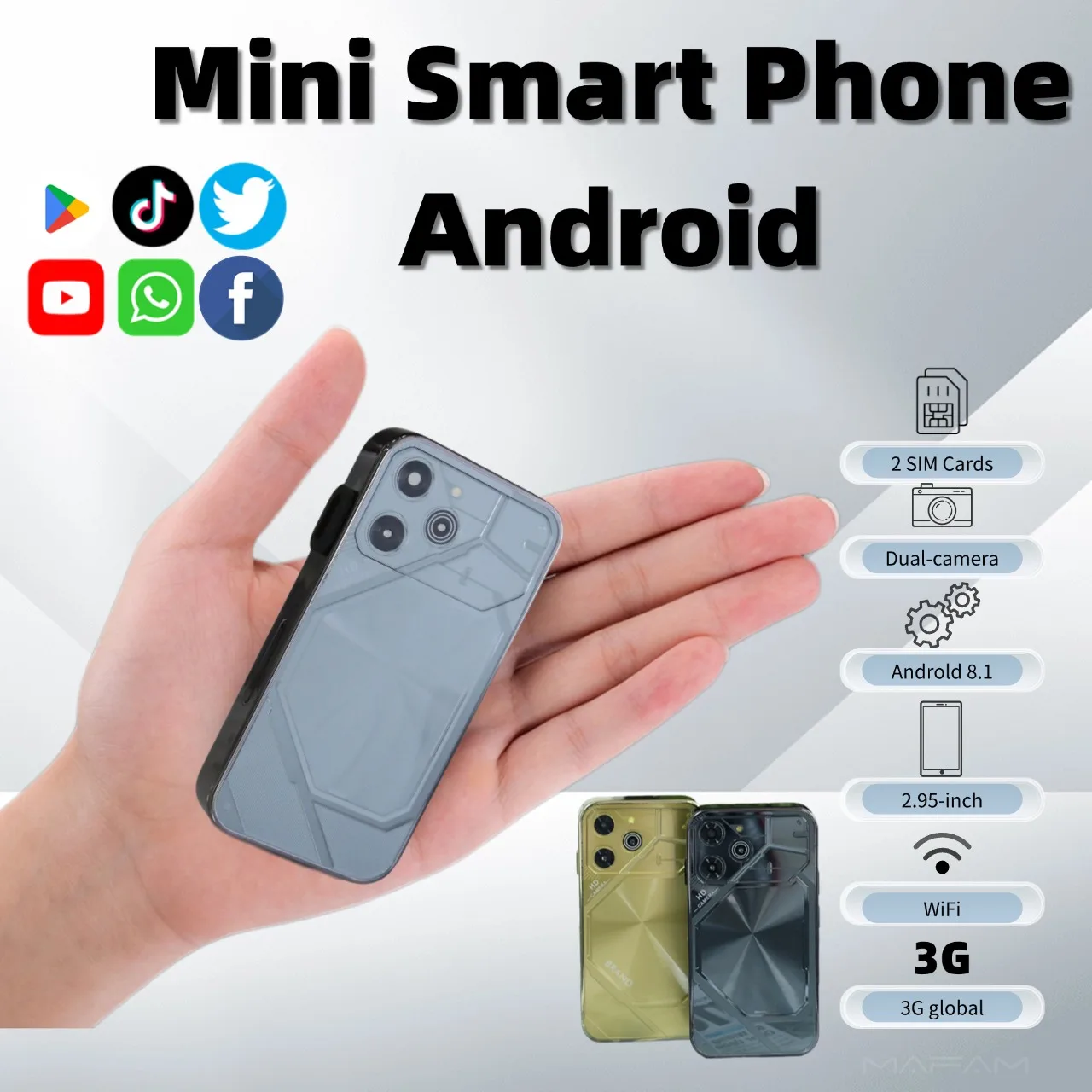 Teléfono Android de Palma de tamaño pequeño para niños, tienda de juegos, bonito presupuesto, pantalla 3G de 3,0 ", 2G, 16G, Wifi, Hotpot, teléfono móvil portátil con doble SIM