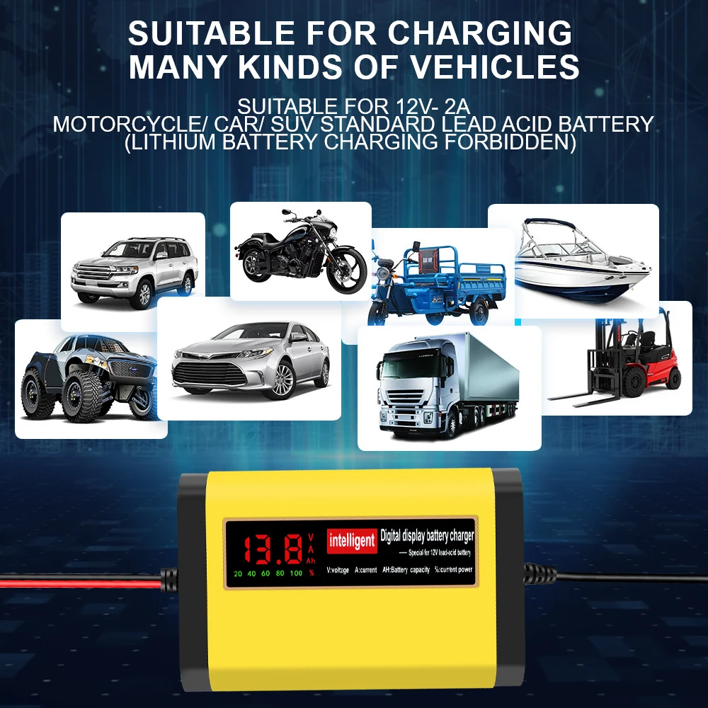 30W 2A 12V Motorcycle Battery Chargers 3 Stages Charging Intelligent Pulse Repair Storage Cell Automotve Batteries Maintance