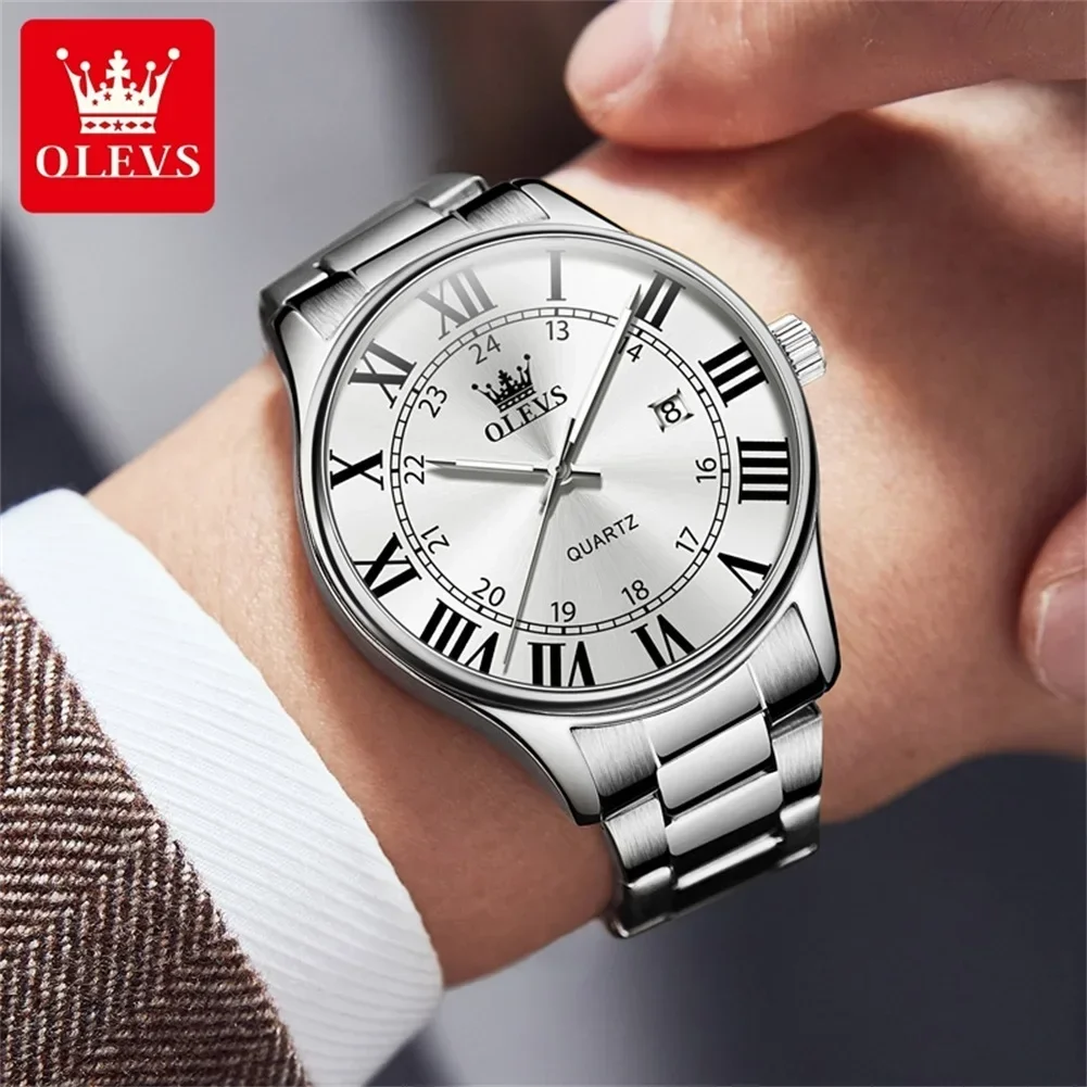 OLEVS Men\'s Watch Luxury Business Stainless Steel Wristwatches Waterproof Luiminous Fashion Roman Scale Quartz Date Watches