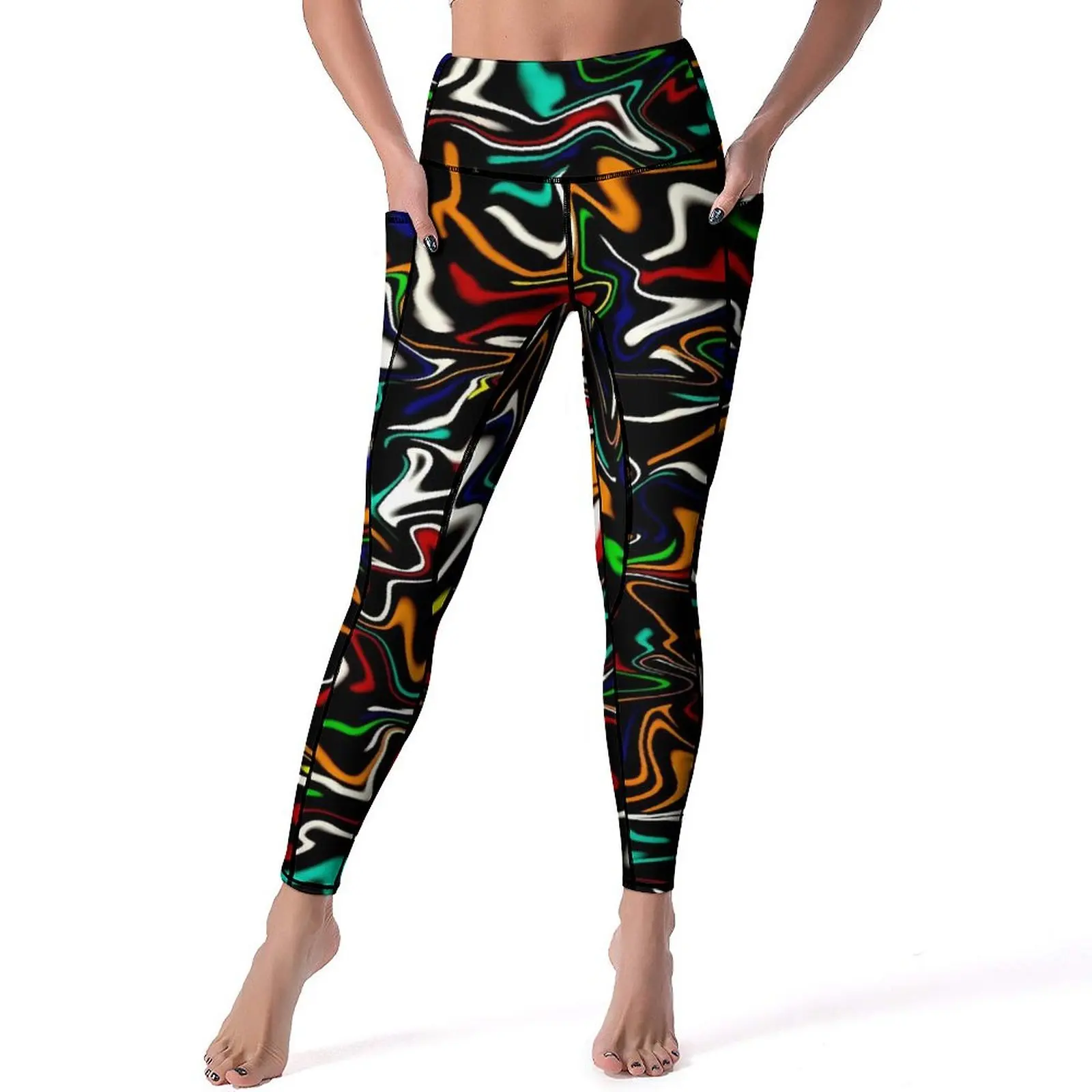 Pantalones de Yoga con pintura de neón, mallas con bolsillos y estampado líquido, Sexy, Push Up, transpirables, de secado rápido, para entrenamiento y gimnasio