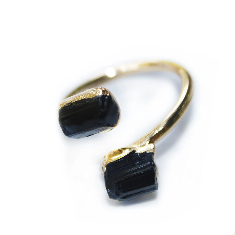 Irregular Black Tourmaline Rough Stone Open Ring Golden Handmade Finger Jewelry Adjustable Size