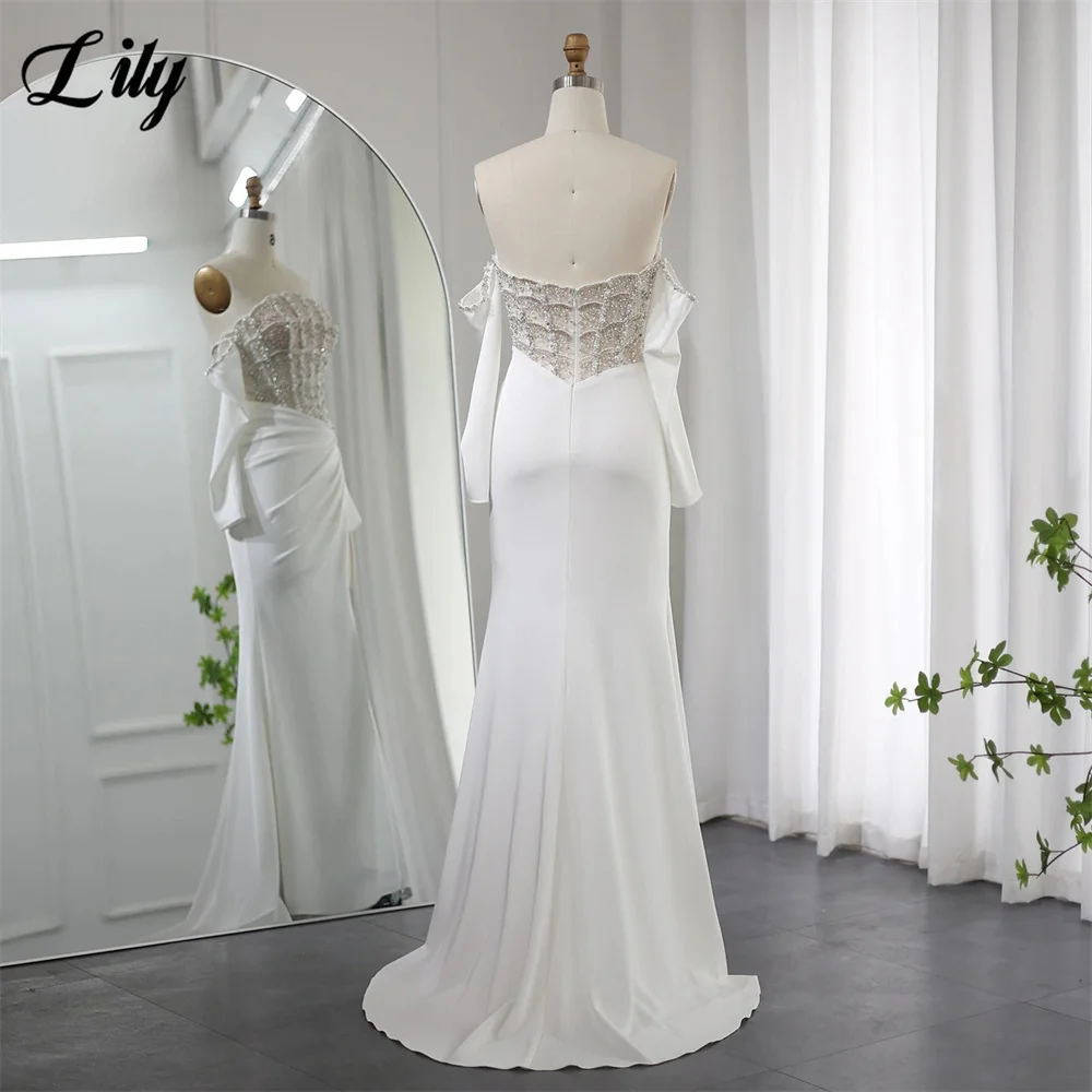 Lily White 프롬 드레 Off the Shoulder Prom Gown Beading On Chest Trumpet Party Dresses for Formal Event High Split Customized